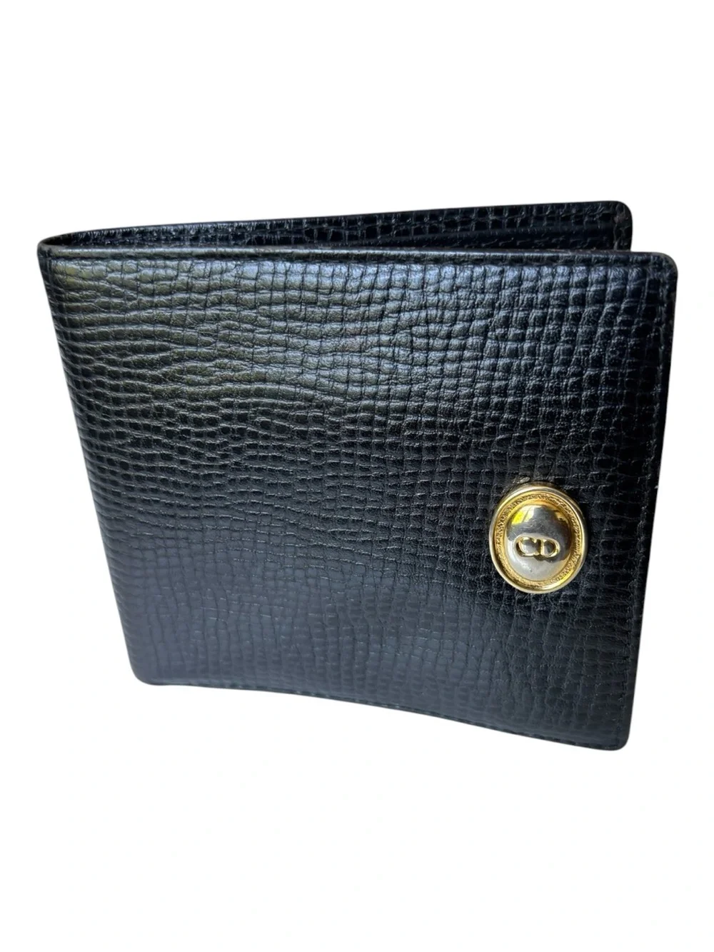 Christian Dior Paris Vintage Black Embossed Leather Bifold Wallet Gold CD Turn L
